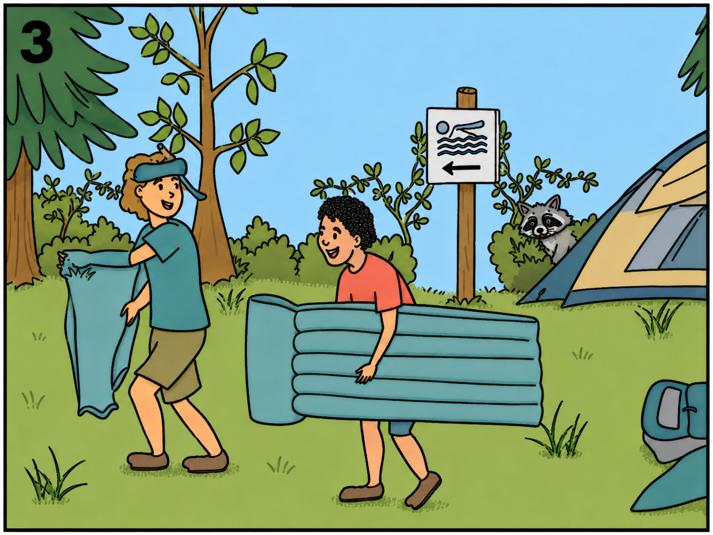 Kinder bauen ein Zelt im Wald auf.